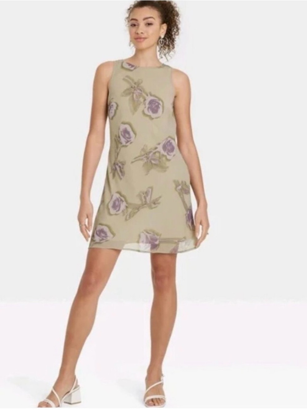 Olive Green Sleeveless Mini Dress with Lavender Floral Print